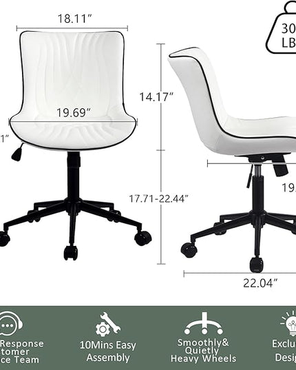 YOUTASTE Office Chair Modern Armless Desk Chair, Height Adjustable Swivel Rocking Computer Task Chair, Faux Leather Sewing Chairs with Wheels, Stylish Lounge Vanity Chair,White - LeafyLoom