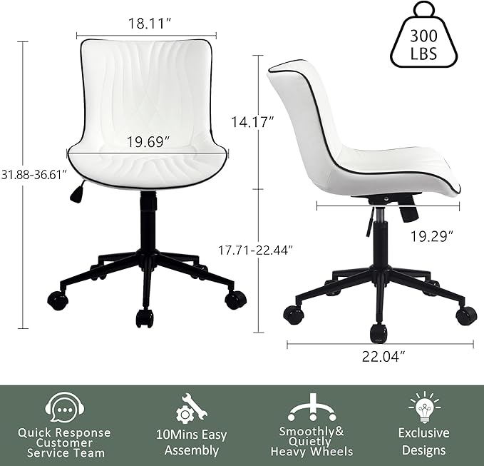 YOUTASTE Office Chair Modern Armless Desk Chair, Height Adjustable Swivel Rocking Computer Task Chair, Faux Leather Sewing Chairs with Wheels, Stylish Lounge Vanity Chair,White - LeafyLoom