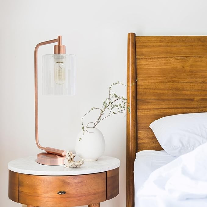Simple Designs LD1036-RGD-LB 18.8" Industrial Bronson Antique Style Iron Lantern Desk Table Lamp with Glass Shade for Home Décor, Office, Living Room, Bedroom, Rose Gold, with Feit LED Bulb Included - LeafyLoom