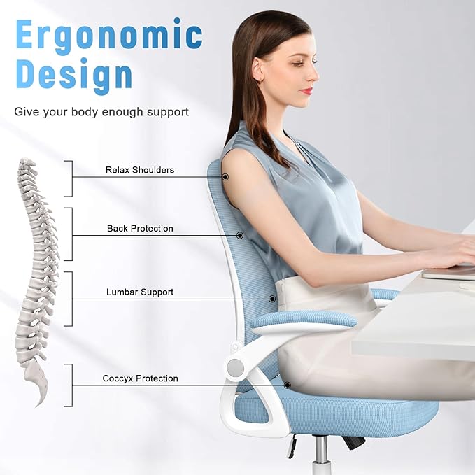 naspaluro Ergonomic Office Chair, Mid Back Desk Chair with Adjustable Height, Swivel Chair with Flip-Up Arms and Lumbar Support, Breathable Mesh Computer Chair for Home/Study/Working, Blue - LeafyLoom