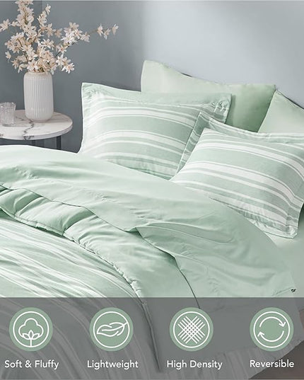Codi Full Size Comforter Set with Sheets, Sage Green Bed in a Bag for Teen, 7 Piece Striped Bed Sets for All Seasons with 1 Comforter, 2 Pillow Shams, Flat Sheet, Fitted Sheet and 2 Pillowcases - LeafyLoom