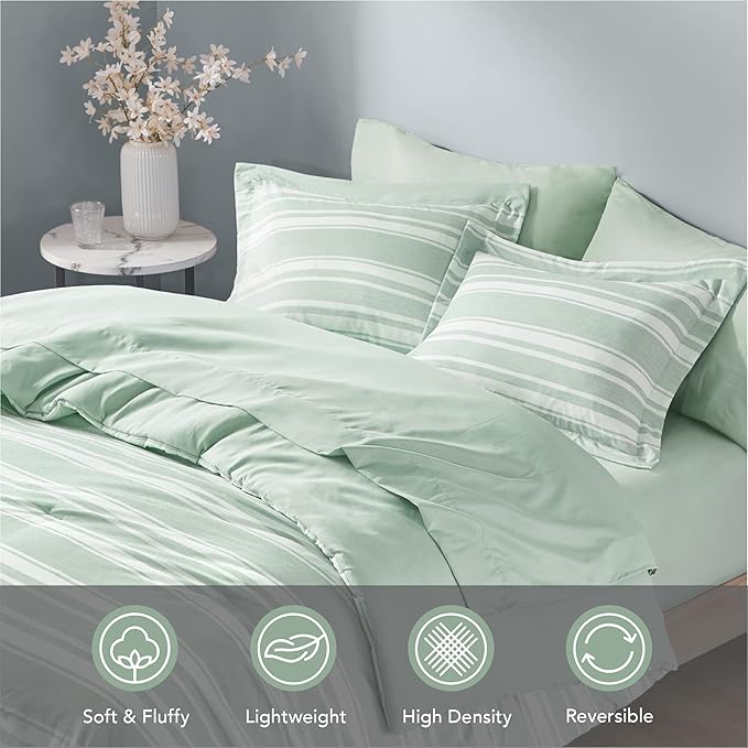Codi Full Size Comforter Set with Sheets, Sage Green Bed in a Bag for Teen, 7 Piece Striped Bed Sets for All Seasons with 1 Comforter, 2 Pillow Shams, Flat Sheet, Fitted Sheet and 2 Pillowcases - LeafyLoom