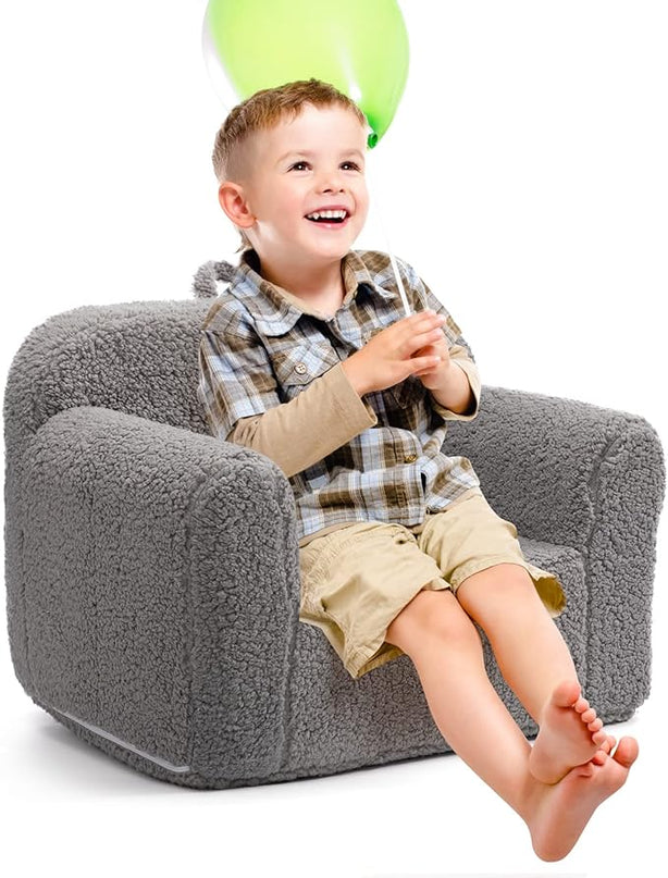 ALIMORDEN Kids Ultra-Soft Snuggle Foam Filled Chair, Toddler Cuddly Sherpa Reading Couch for Boys and Girls, Grey - LeafyLoom