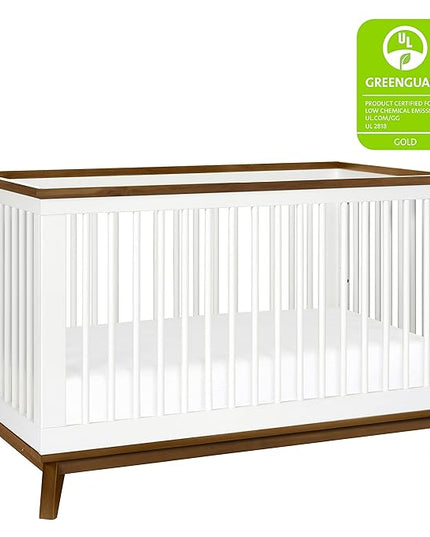 Babyletto Scoot 3-in-1 Convertible Crib with Toddler Bed Conversion Kit in White and Natural Walnut, Greenguard Gold Certified - LeafyLoom