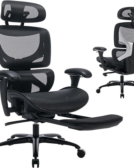 Ergonomic Mesh Office Chair with Footrest, Executive High Back Computer Desk Chair with Wide Headrest and Adjustable 3D Arms, Backrest, Tilt Lock and Lumbar Support-Black - LeafyLoom