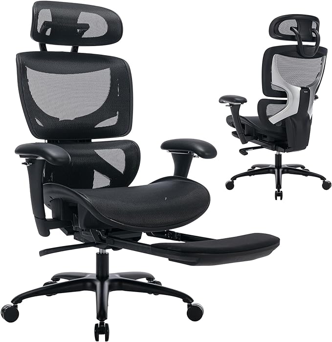 Ergonomic Mesh Office Chair with Footrest, Executive High Back Computer Desk Chair with Wide Headrest and Adjustable 3D Arms, Backrest, Tilt Lock and Lumbar Support-Black - LeafyLoom
