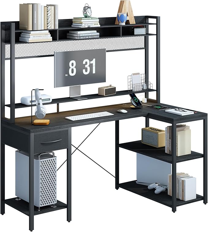 TOARTi 47" L Shaped Computer Desk with Hutch, Office Writing Desk with Power Outlets&LED Ligtht, Gaming Corner Desk with Long Monitor Shelf for Home Office, Classic Black - LeafyLoom