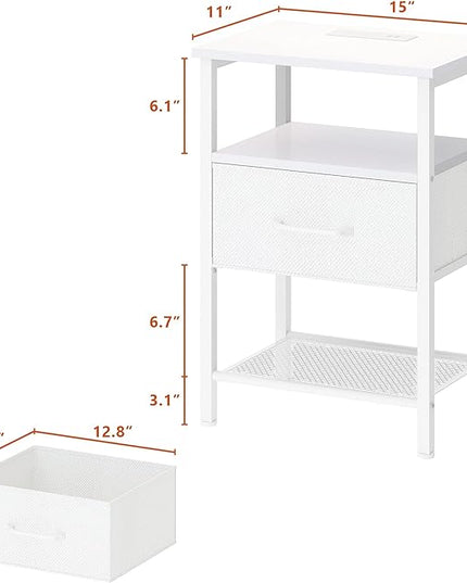 Night Stand, End Table with Charging Station, LED Bedside Table with Fabric Drawer for Bedroom, 3-Tier Side Table with Open Shelf, White - LeafyLoom