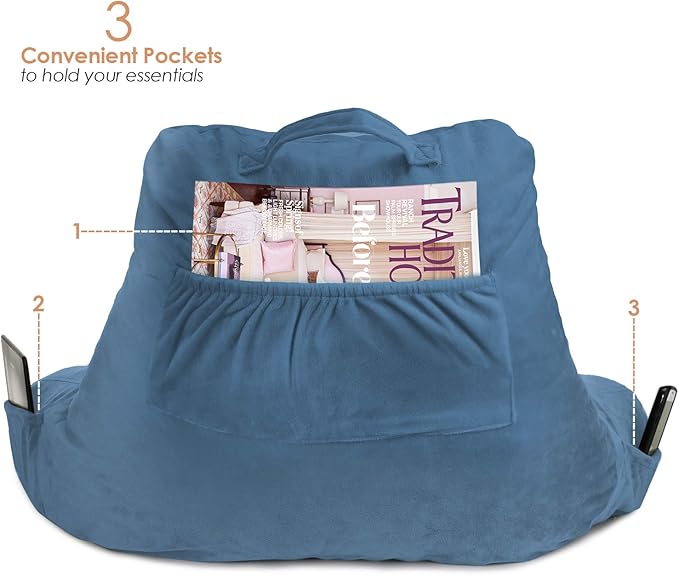 Clara Clark Reading Pillow, Standard Back Pillow for Sitting Up in Bed, Memory Foam Back Support Pillow, Reading Pillows for Sitting in Bed, Blue Heaven Sit Up Pillow for Bed, Arm Pillow with Pockets - LeafyLoom