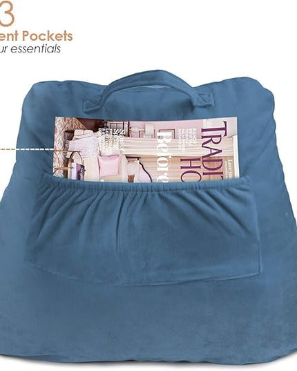 Clara Clark Reading Pillow for Kids, Small Back Pillow for Sitting Up in Bed, Memory Foam Back Support Pillow, Reading Pillows for Sitting in Bed, Blue Heaven Gaming Pillow with Arms and Pockets - LeafyLoom