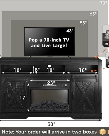 Farmhouse Fireplace TV Stand for 65+ Inch TV, Entertainment Center with 23" Electric Fireplace with Remote, Modern Rustic TV Console with Sliding Bar Door for Living Room, Black - LeafyLoom