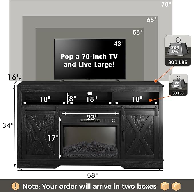 Farmhouse Fireplace TV Stand for 65+ Inch TV, Entertainment Center with 23" Electric Fireplace with Remote, Modern Rustic TV Console with Sliding Bar Door for Living Room, Black - LeafyLoom