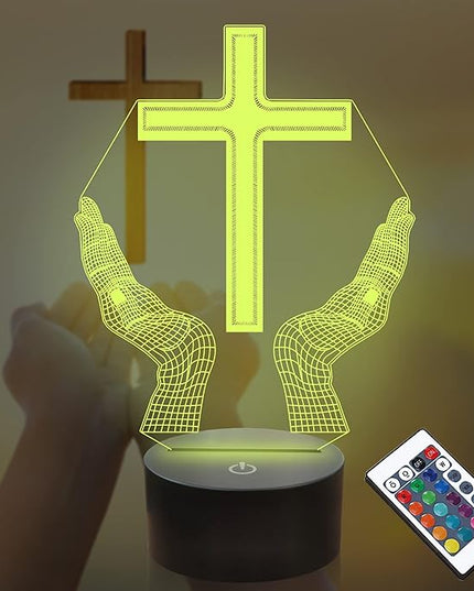 Jesus Cross 3D LED Night Light for Friends Xmas Easter Room Decor Gifts, Crucifix Optical Illusion Desk Table Lamp with Remote + 16 Color Flashing Change + Timer - LeafyLoom