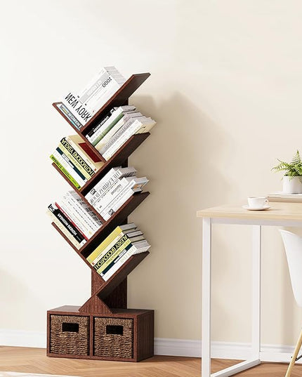 Vagusicc 6 Tier Tree Bookshelf - Retro Shelf Floor Standing Bookcase with Baskets, Tall Wood Book Storage Rack for Books/CDs, Tree Utility Book Organizer Shelves for Living Room, Home Office, Bedroom - LeafyLoom
