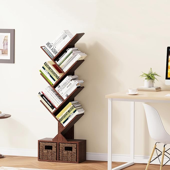 Vagusicc 6 Tier Tree Bookshelf - Retro Shelf Floor Standing Bookcase with Baskets, Tall Wood Book Storage Rack for Books/CDs, Tree Utility Book Organizer Shelves for Living Room, Home Office, Bedroom - LeafyLoom