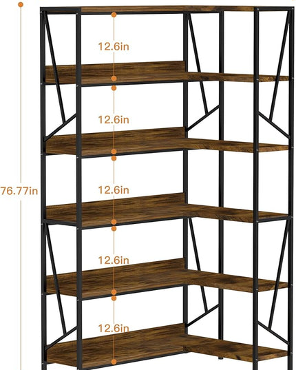 Bookshelf 6 Tier Corner Shelf, 77" Industrial Large Corner Etagere Bookcase, 6-Shelf Tall Corner L Shaped Storage Display Rack for Living Room Home Office - LeafyLoom