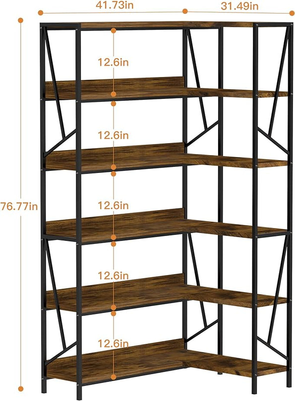Bookshelf 6 Tier Corner Shelf, 77" Industrial Large Corner Etagere Bookcase, 6-Shelf Tall Corner L Shaped Storage Display Rack for Living Room Home Office - LeafyLoom