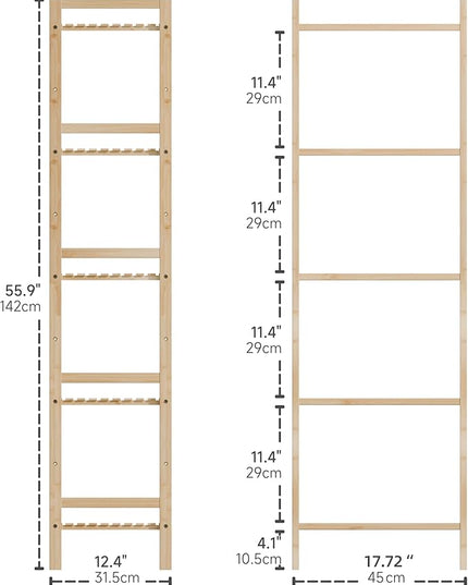 Tall Narrow Bookshelf, 5 Tier Bathroom Shelf Bamboo, Floor Standing Display Storage Organizer for Small Space, Adjustable Shelves, Natural Wood Bookcase - LeafyLoom