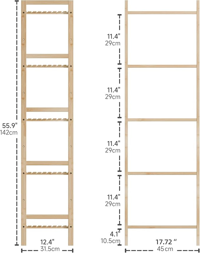 Tall Narrow Bookshelf, 5 Tier Bathroom Shelf Bamboo, Floor Standing Display Storage Organizer for Small Space, Adjustable Shelves, Natural Wood Bookcase - LeafyLoom