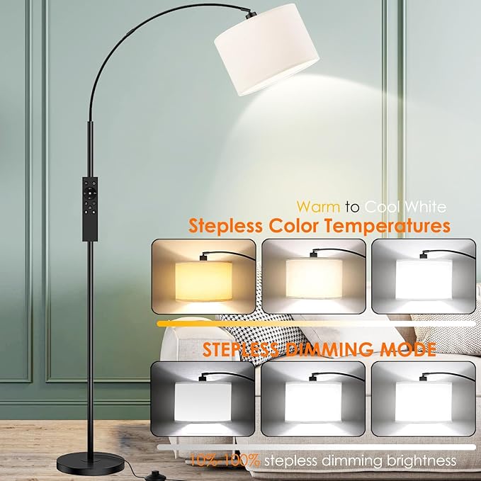 Arc Floor Lamps for Living Room,Modern Standing Lamp with Remote Control,Tall Lamp with Stepless Dimmable,5 Color temperatures,Over Couch Arched Reading Light for Bedroom,Office(Bulb Included) - LeafyLoom