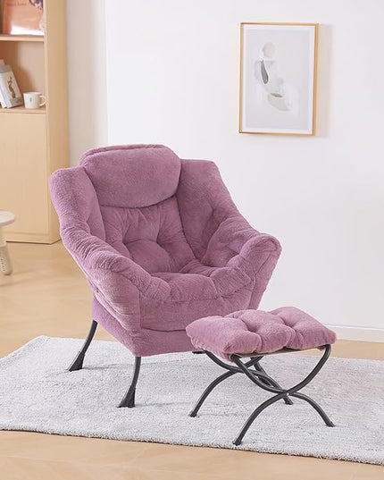 Plush Lazy Chair and Ottoman, Large Contemporary Accent Lounge Chair with Armrests and a Side Pocket, Modern Leisure Upholstered Sofa Reading Armchair with Footrest for Bedroom, Living Room - LeafyLoom