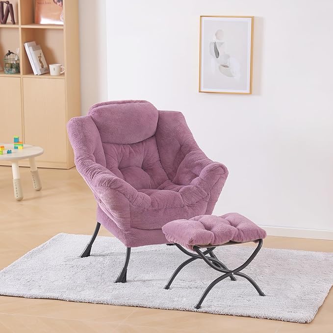 Plush Lazy Chair and Ottoman, Large Contemporary Accent Lounge Chair with Armrests and a Side Pocket, Modern Leisure Upholstered Sofa Reading Armchair with Footrest for Bedroom, Living Room - LeafyLoom