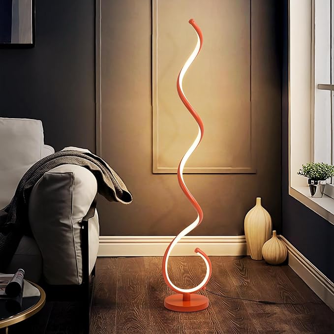 LED Floor Lamps for Living Room - Orange Spiral Modern Floor Lamp with Remote 3 Color Dimmable Standing Lamp Bright Tall Corner Lamp for Bedroom 53 in - LeafyLoom