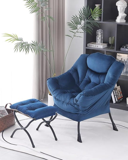 Lazy Chair with Ottoman, Modern Accent Chair Contemporary Lounge Leisure Upholstered Sofa Chair Set with Armrests, Reading Chair for Living Room, Bedroom, Office, Royal Blue - LeafyLoom