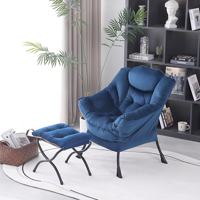 Lazy Chair with Ottoman, Modern Accent Chair Contemporary Lounge Leisure Upholstered Sofa Chair Set with Armrests, Reading Chair for Living Room, Bedroom, Office, Royal Blue - LeafyLoom