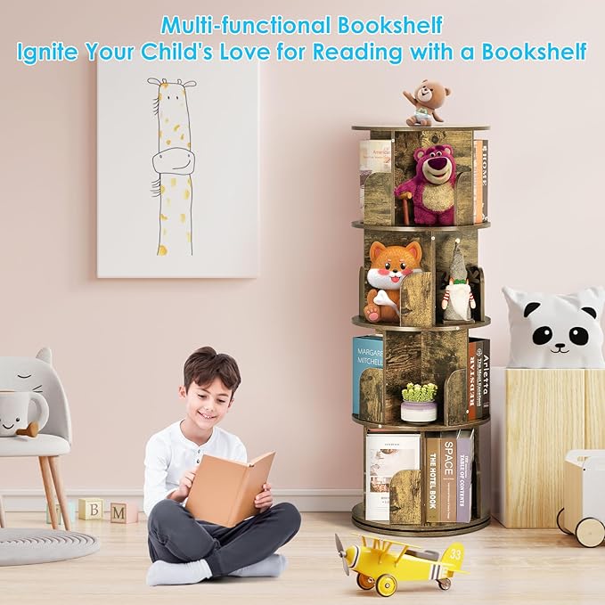 4 Tier Rotating Bookshelf kids, Small Corner Bookshelf for Small Space, 360 Display Floor Standing Bookcase Storage Rack, Wood Narrow Book Shelf Organizer for Home Office,Bedroom, Living Room - LeafyLoom