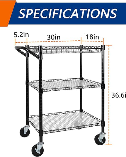 3 Tier Heavy Duty Rolling Utility Cart,18" D x 30" W x 36.6" H Rolling Carts with Wheels,Commercial Grade Metal Cart with Handle Bar & Shelf Liner,Trolley Serving Storage Cart for Kitchen Black - LeafyLoom