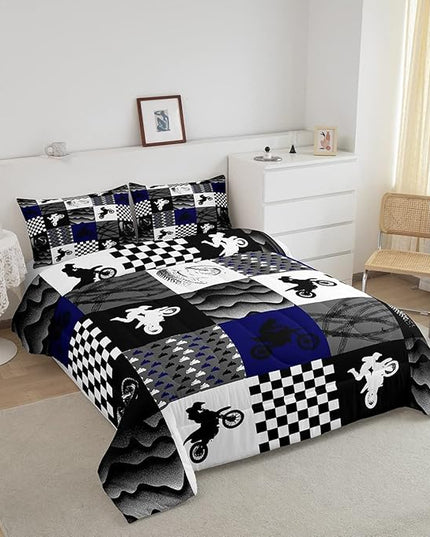 Dirt Bike Comforter Set, Motocross Rider Bedding Comforter Sets Twin, Motorcycle Grunge Down Comforter For Kids Boys Adult Men, Motorbike Extreme Sport Game Comforter, Buffalo Plaid, Blue Grey Black - LeafyLoom
