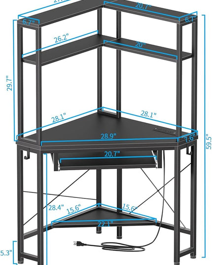 Corner Desk with Hutch and LED Lights, Corner Computer Desk with Keyboard Tray and Monitor Stand, Small Computer Desk for Small Spaces, Home Office - LeafyLoom