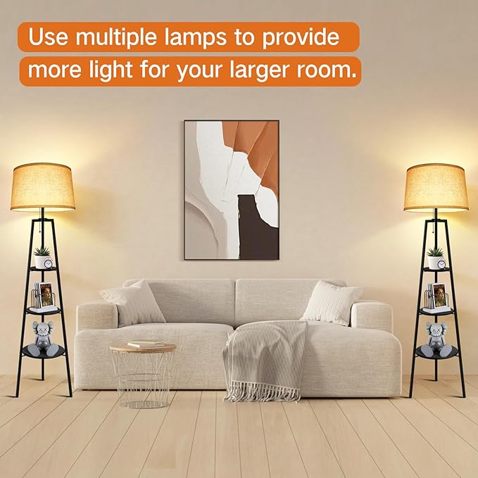 OUTON Tripod Floor Lamp with Shelves, Modern Shelf Floor Lamp with Remote, 4 Color Temperature, Dimmable Tall Standing Corner Lamp with Beige Linen Texture Shade for Living Room, Bedroom, Office - LeafyLoom