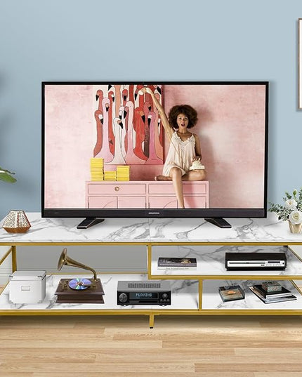 AT-VALY TV Stand for 55-75 inch TVs, Metal&MDF TV Stand with 3-Tier Storage Shelves for Living Room, Entertainment Center with Storage Cabinets (Gold) - LeafyLoom