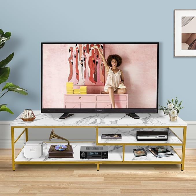 AT-VALY TV Stand for 55-75 inch TVs, Metal&MDF TV Stand with 3-Tier Storage Shelves for Living Room, Entertainment Center with Storage Cabinets (Gold) - LeafyLoom