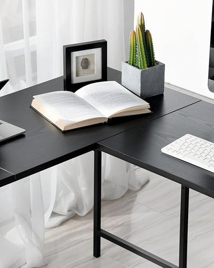 FurnitureR L-Shaped 58.3'' Corner Computer Desk with Storage Shelf Long Gaming Desk for Home Office PC Workstation Saving Space Laptop Table, Black and Brown - LeafyLoom