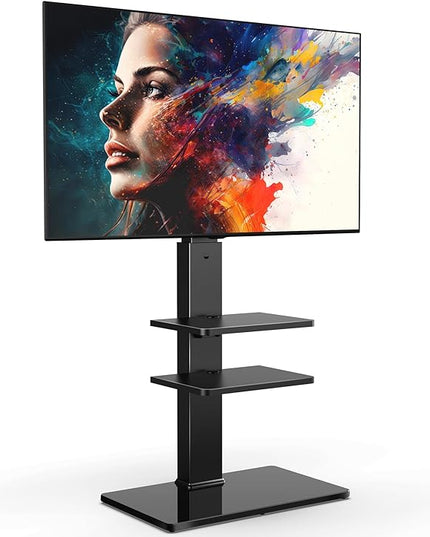 FITUEYES Swivel Floor TV Stand with Mount for TVs 37 43 50 55 60 65 70 75 Inch LCD LED Flat/Curved Screens Universal Swivel Televisions TV Mount Stand for Bedroom Living Room Black Tempered Glass Base - LeafyLoom