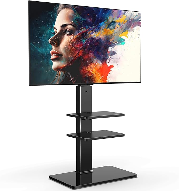 FITUEYES Swivel Floor TV Stand with Mount for TVs 37 43 50 55 60 65 70 75 Inch LCD LED Flat/Curved Screens Universal Swivel Televisions TV Mount Stand for Bedroom Living Room Black Tempered Glass Base - LeafyLoom