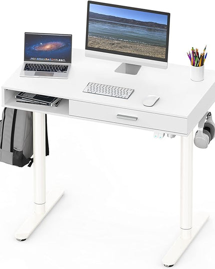 SHW Claire 40-Inch Height Adjustable Electric Standing Desk with Drawer, White - LeafyLoom
