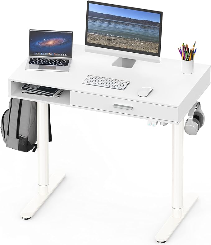 SHW Claire 40-Inch Height Adjustable Electric Standing Desk with Drawer, White - LeafyLoom