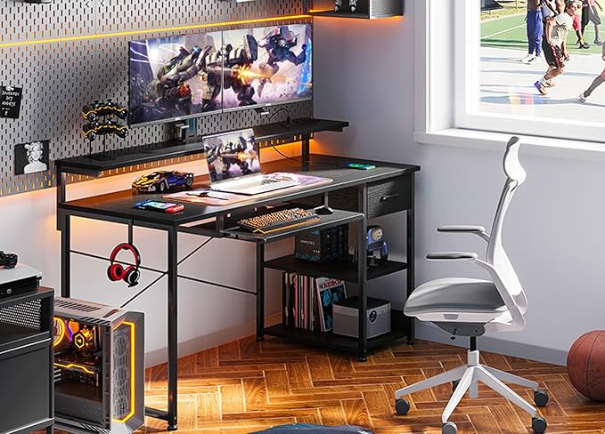 AODK Computer Desk with Keyboard Tray, 55 Inch Gaming Desk with Power Outlet, Office Desk with Drawer, Reversible Desk with Adjustable Monitor Shelf and Storage Shelf for Home, Black - LeafyLoom