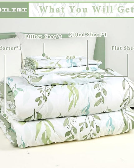 DILIMI Full Size Comforter Set for Girls, 5 Pieces Reversible Comforter Full Size, Ultra Soft Green Leaf Full Size Bed Comforter Sets with Sheet, Comforter, Flat Sheet, 2 Pillowcase - LeafyLoom