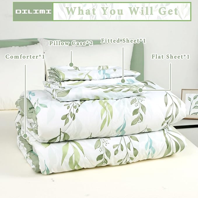 DILIMI Full Size Comforter Set for Girls, 5 Pieces Reversible Comforter Full Size, Ultra Soft Green Leaf Full Size Bed Comforter Sets with Sheet, Comforter, Flat Sheet, 2 Pillowcase - LeafyLoom
