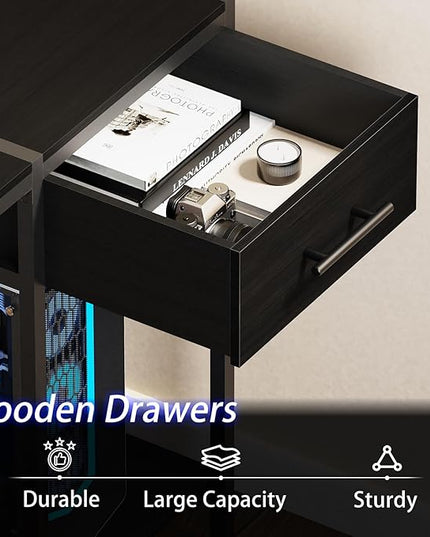 Gaming Desk with Led Light & Power Outlets, 48" Computer Desk with Wooden Drawers and Monitor Stand, Office Desk with Shelves and 2 Headphone Hooks, Work Desk for Home Office,Black - LeafyLoom