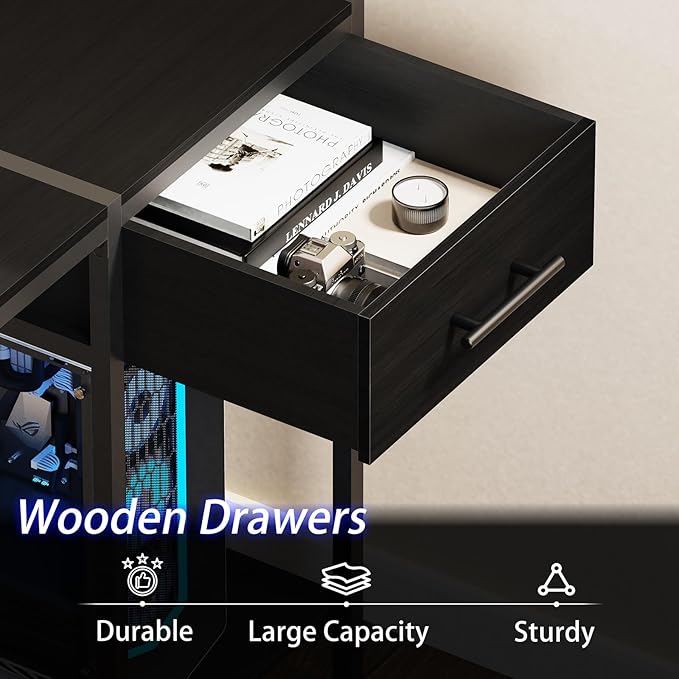 Gaming Desk with Led Light & Power Outlets, 48" Computer Desk with Wooden Drawers and Monitor Stand, Office Desk with Shelves and 2 Headphone Hooks, Work Desk for Home Office,Black - LeafyLoom