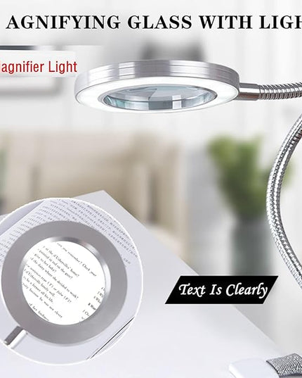 Magnifying Glass with Light and Stand, Desk Lamp LED light with USB Powered,Adjustable Flexible Gooseneck,clip on desktop & bed for Reading, Crafts;studio for Daily Hobbies Repairing. - LeafyLoom