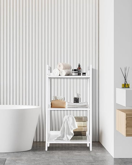 ECOMEX 3-Tier Ladder Shelf Modern Style Shelf, Ladder Bookshelf Open Storage Rack Wood Ladder Shelf with Solid Pine Frame, Freestanding Ladder Shelves for Home Office, Bedroom (White) - LeafyLoom