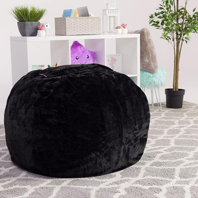 Posh Creations Bean Bag Chair for Kids, Teens, and Adults Includes Removable and Machine Washable Cover, Soft Faux Rabbit Fur - Black, 38in - Large - LeafyLoom