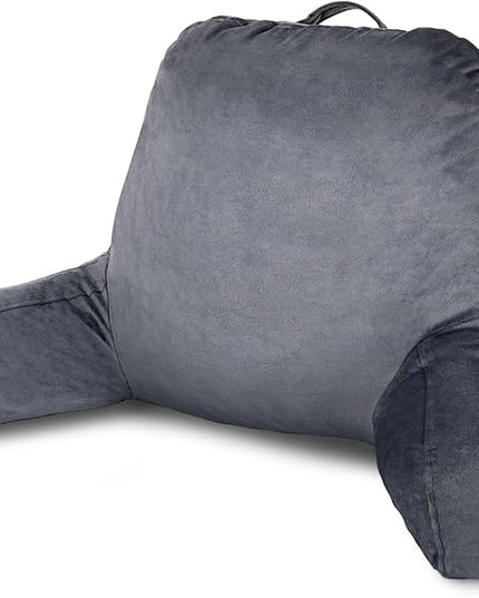 ComfortSpa Reading Pillow for Bed Adult Size, Back Rest Pillow with Arms, Pockets and Washable Cover; Use as a Back Pillow for Sitting in Bed for Bedrest or Relief from GERD Heartburn (Grey) - LeafyLoom